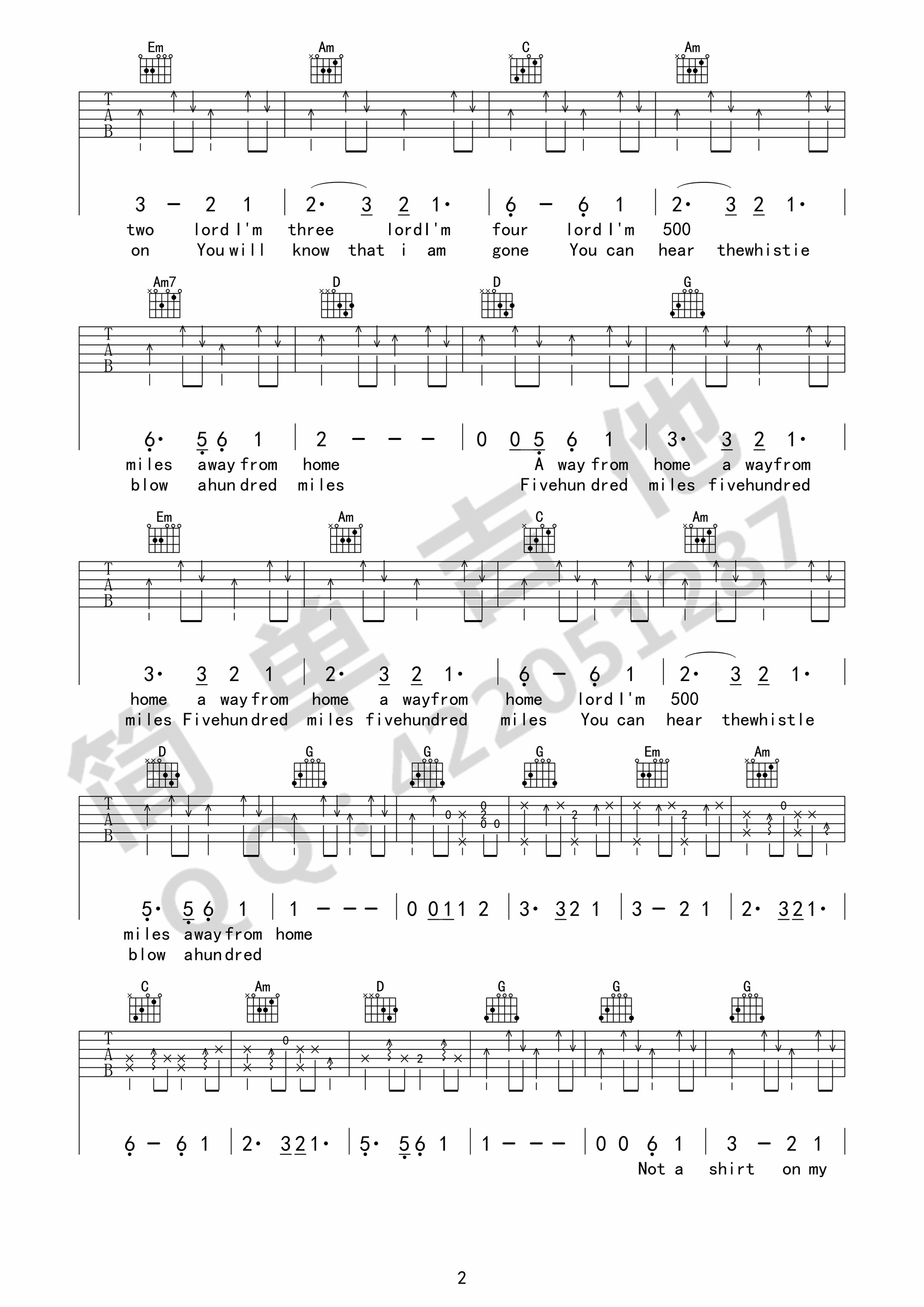 500miles吉他谱fivehundredmiles六线谱g调简单版弹唱谱