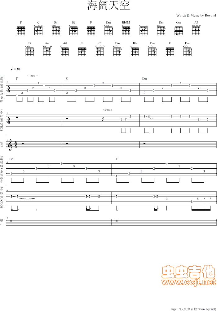 海阔天空吉他谱-91吉他谱