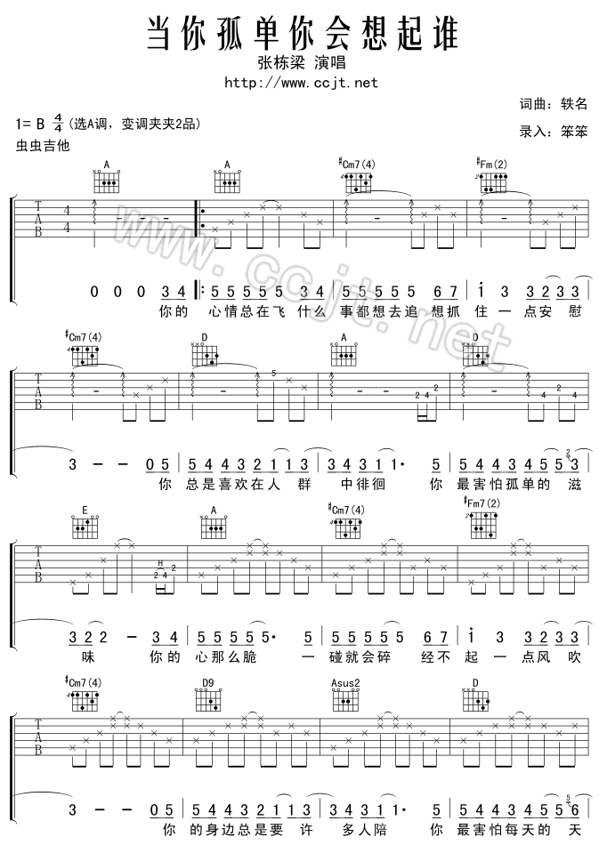 当你孤单你会想起谁吉他谱-91吉他谱
