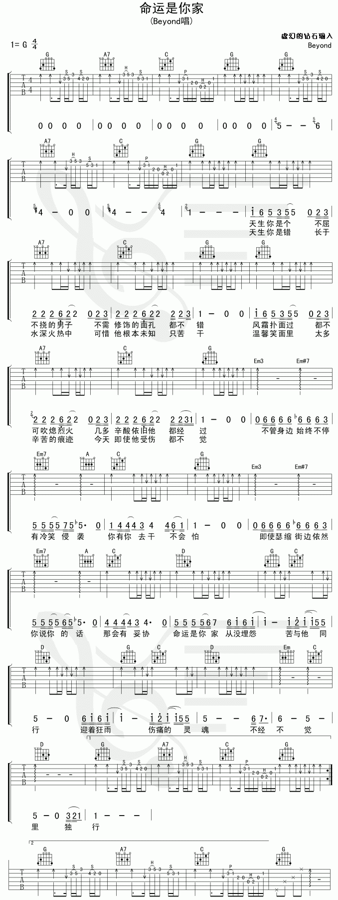 命运是你家（自制、清晰）吉他谱-91吉他谱