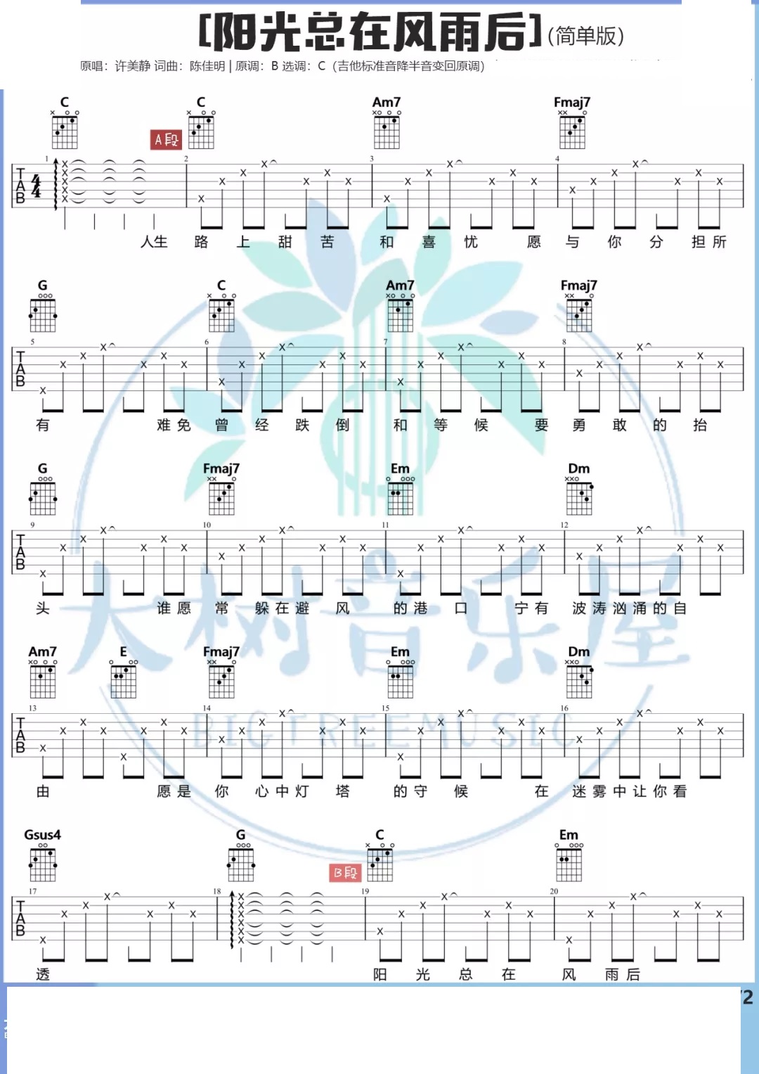 许美静《阳光总在风雨后》吉他谱_图片谱完整版