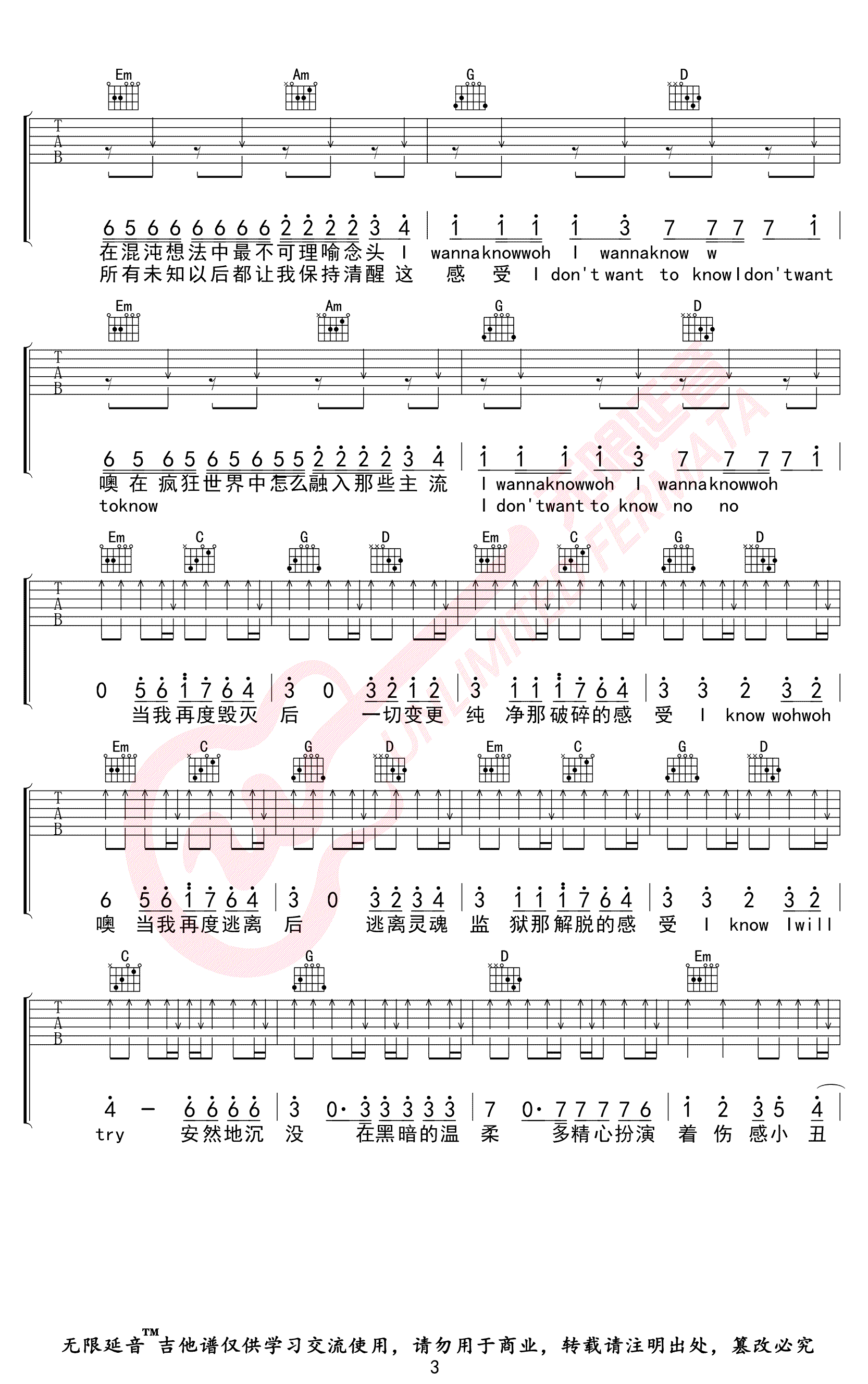 华晨宇《疯人院》吉他谱-3