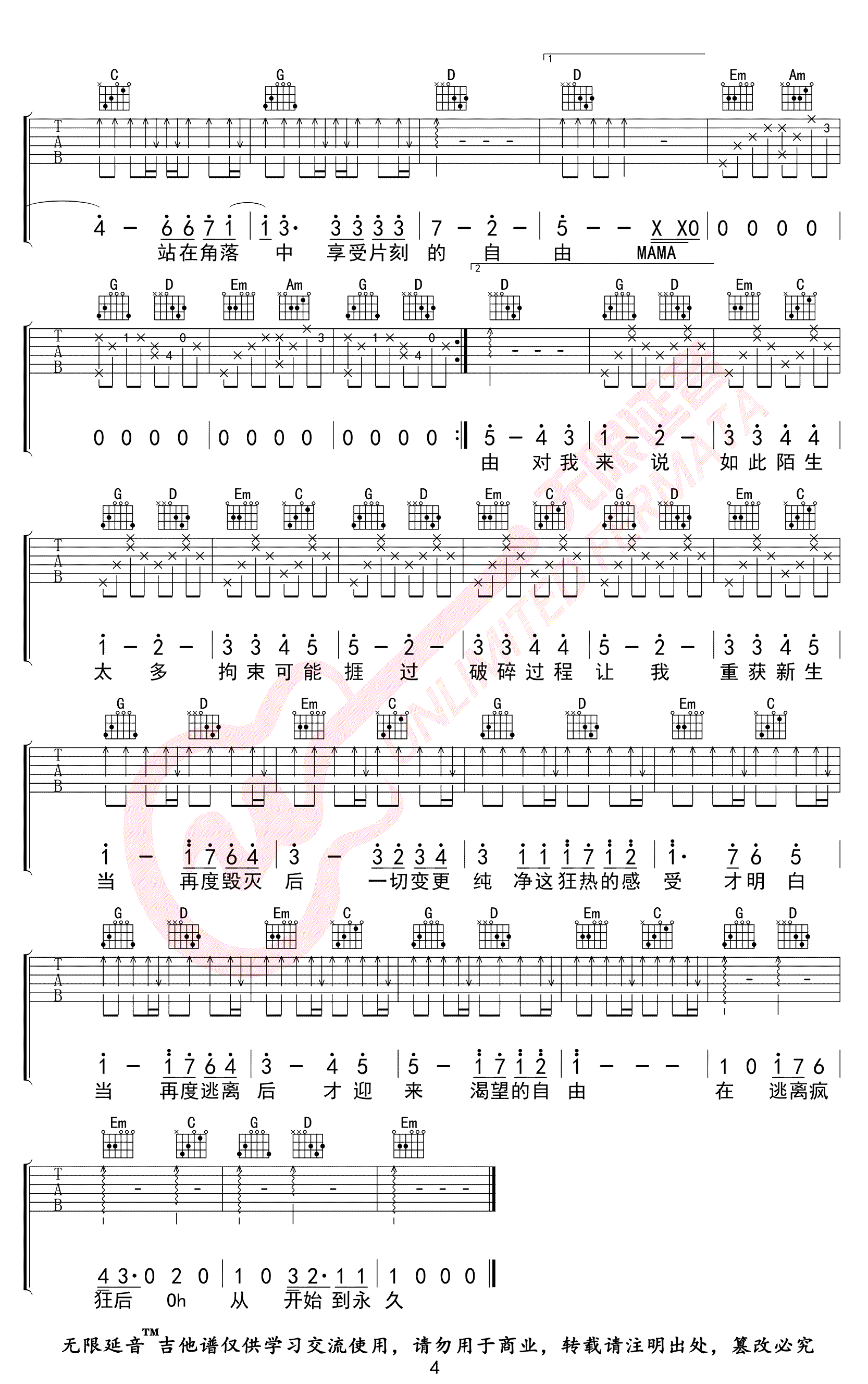 华晨宇《疯人院》吉他谱-4