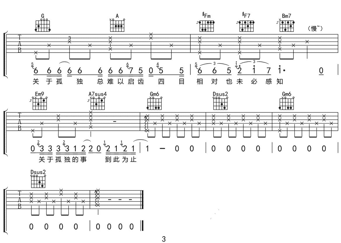 《事关孤独》吉他谱_马良_D调原版弹唱六线谱_高清图片谱3