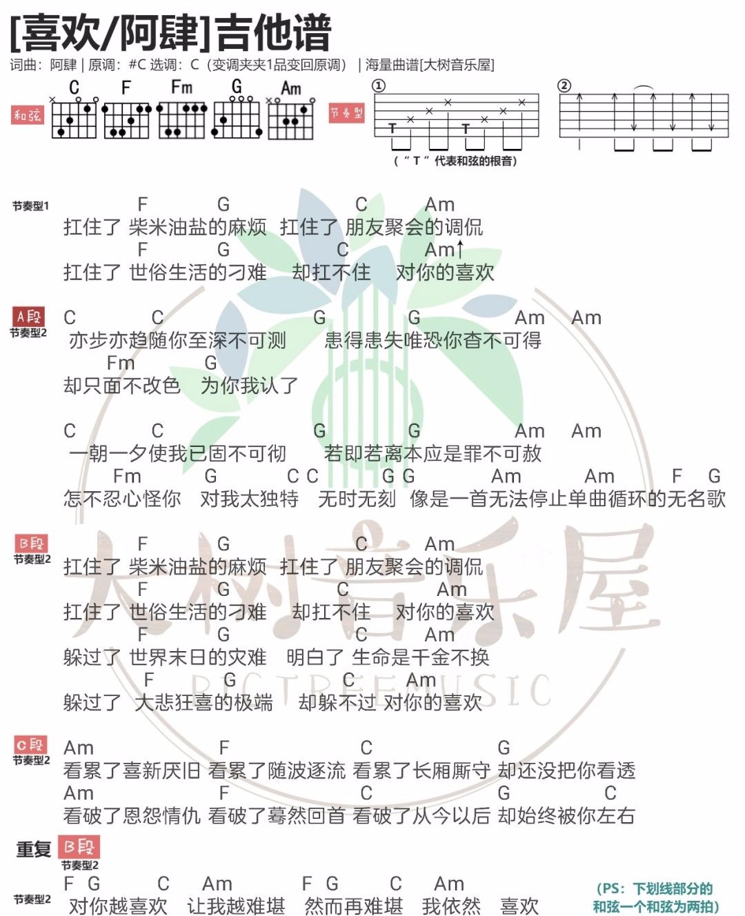 喜欢吉他谱_阿肆_《喜欢》C调弹唱谱_高清和弦图谱