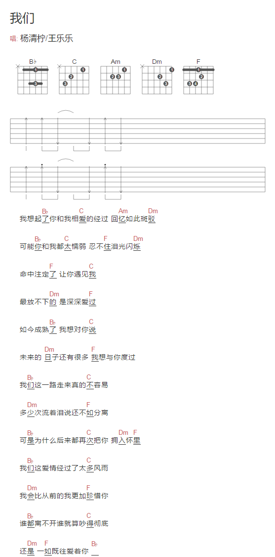 我们吉他谱_杨清柠/王乐乐_《我们》C调简单版弹唱谱_和弦图谱