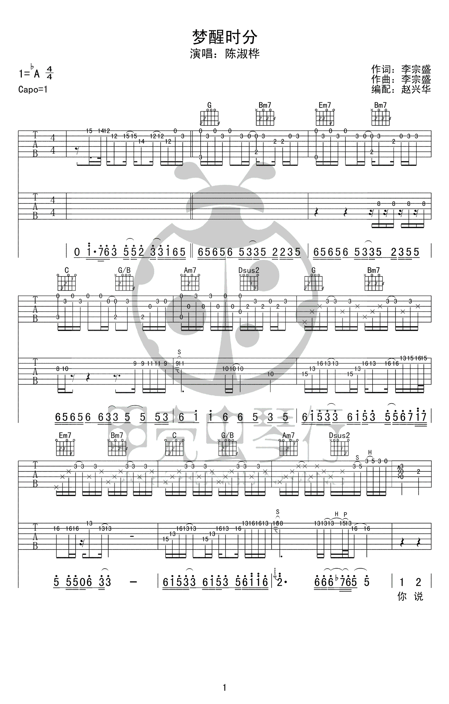 《梦醒时分》吉他谱-陈淑桦-G调双吉他版弹唱谱-高清六线谱