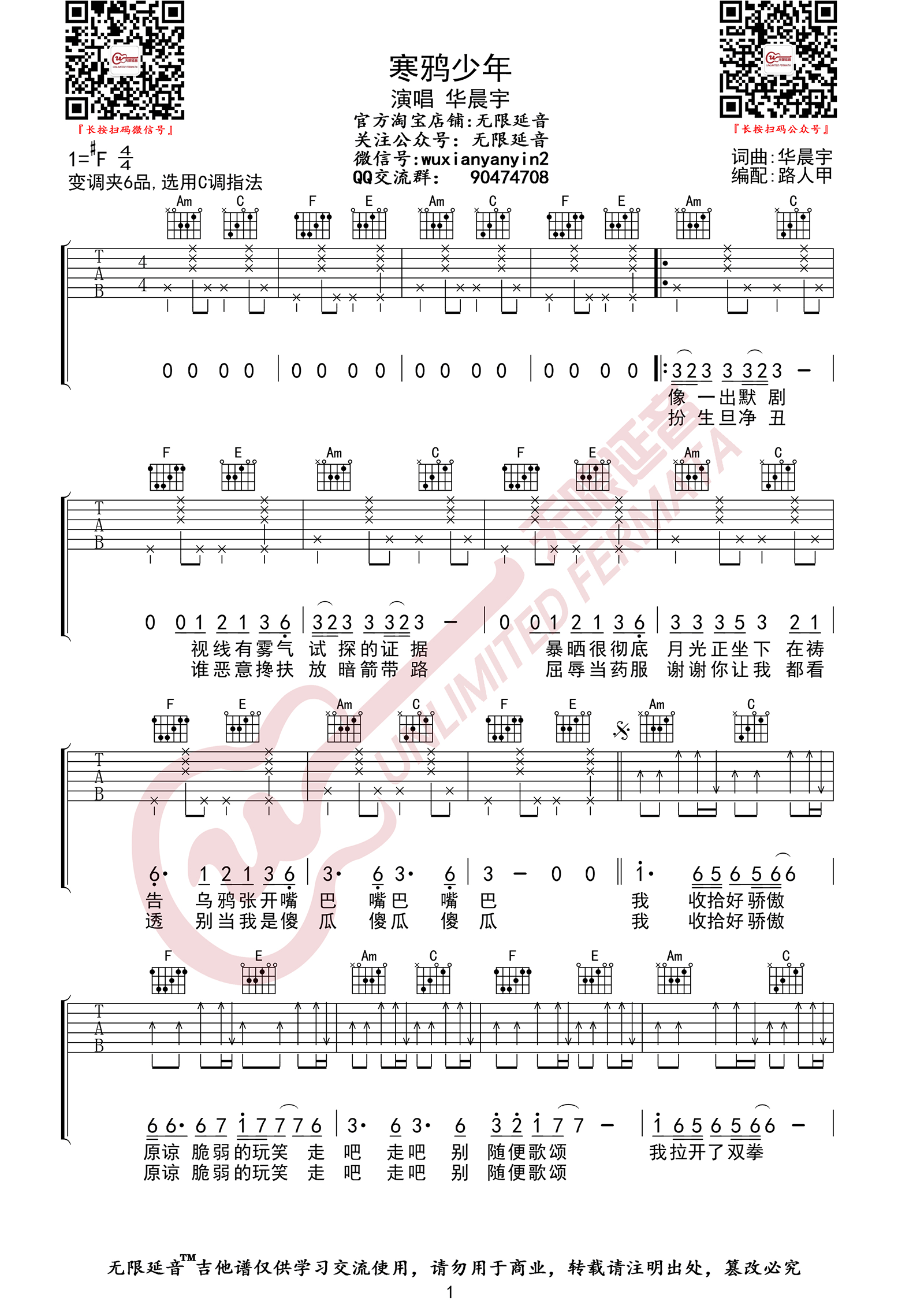 《寒鸦少年》吉他谱-华晨宇-C调简单版弹唱六线谱-高清图片谱