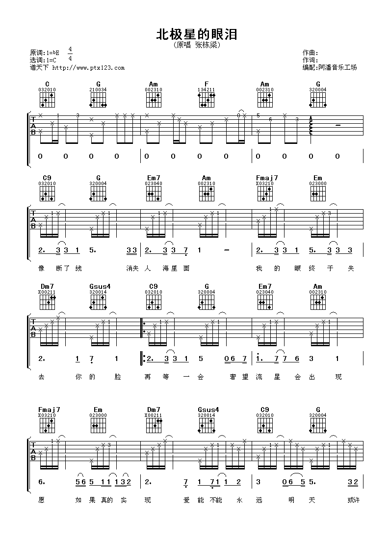 《北极星的眼泪》吉他谱_张栋梁_C调弹唱六线谱_高清图片谱1