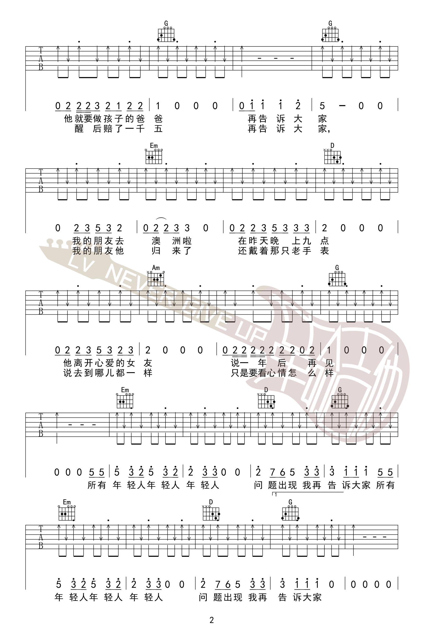 《问题出现我再告诉大家》吉他谱-五条人-G调弹唱谱-高清六线谱