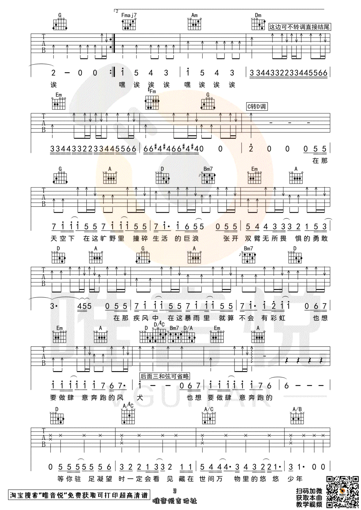 《风犬少年的天空》吉他谱-旅行团乐队-C调弹唱谱-高清六线谱