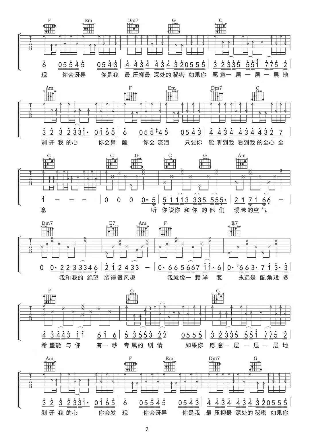 洋葱吉他谱-杨宗纬-C调指法弹唱谱-附和弦谱-看谱啦