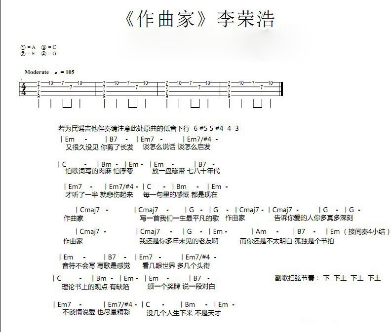 李荣浩《作曲家》尤克里里谱-Ukulele Music Score