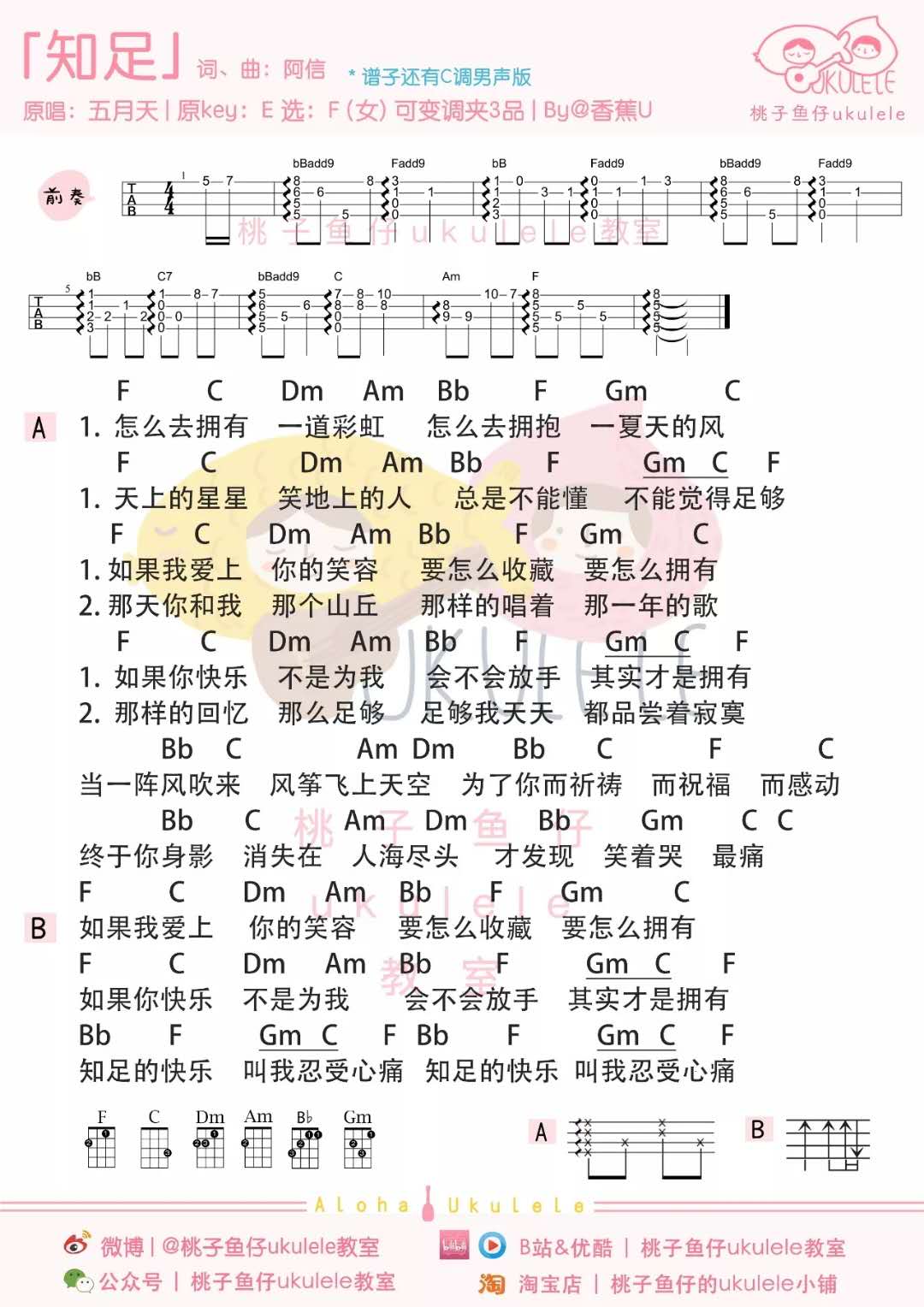 五月天《知足》尤克里里谱-Ukulele Music Score