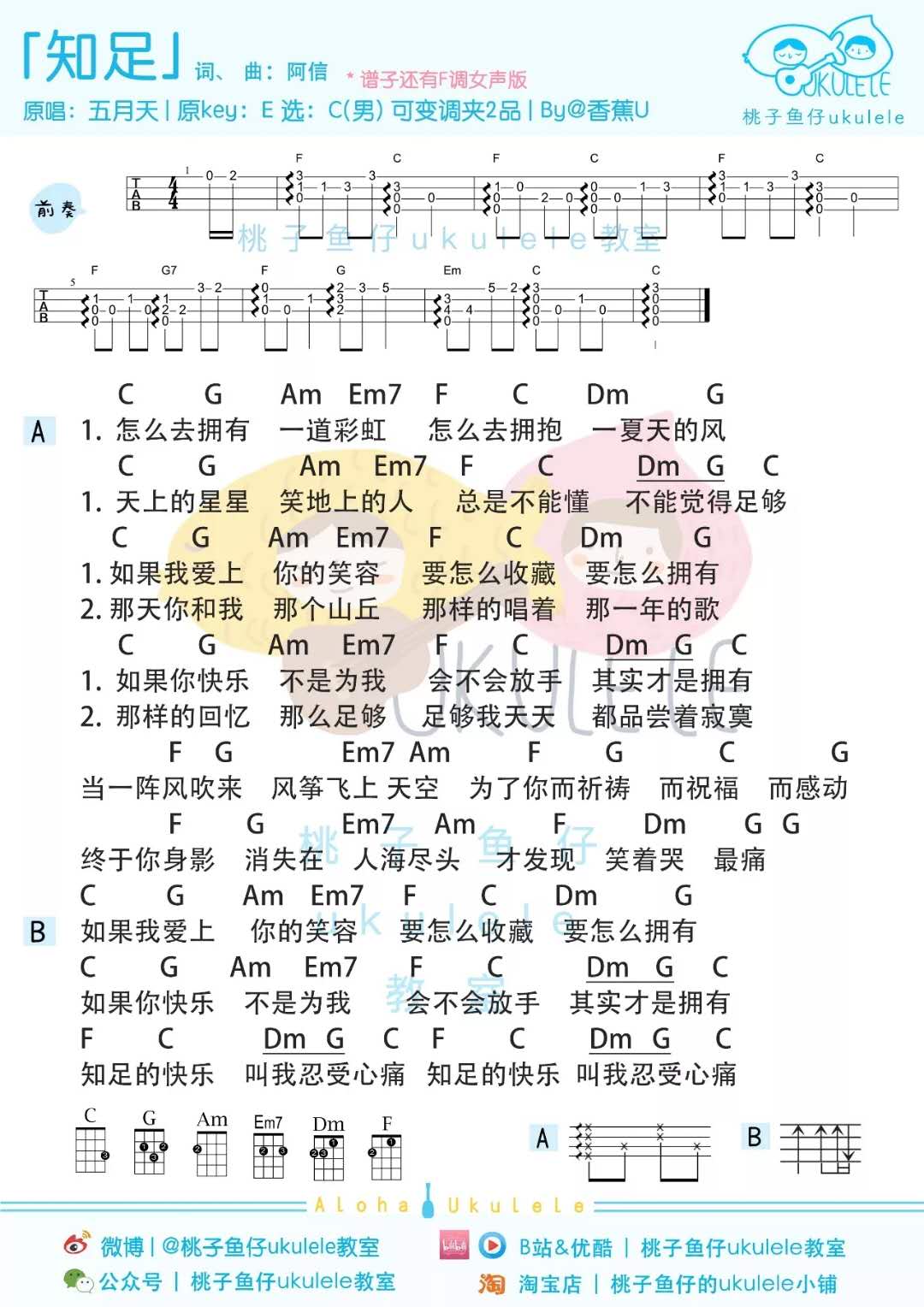 五月天《知足》尤克里里谱-Ukulele Music Score