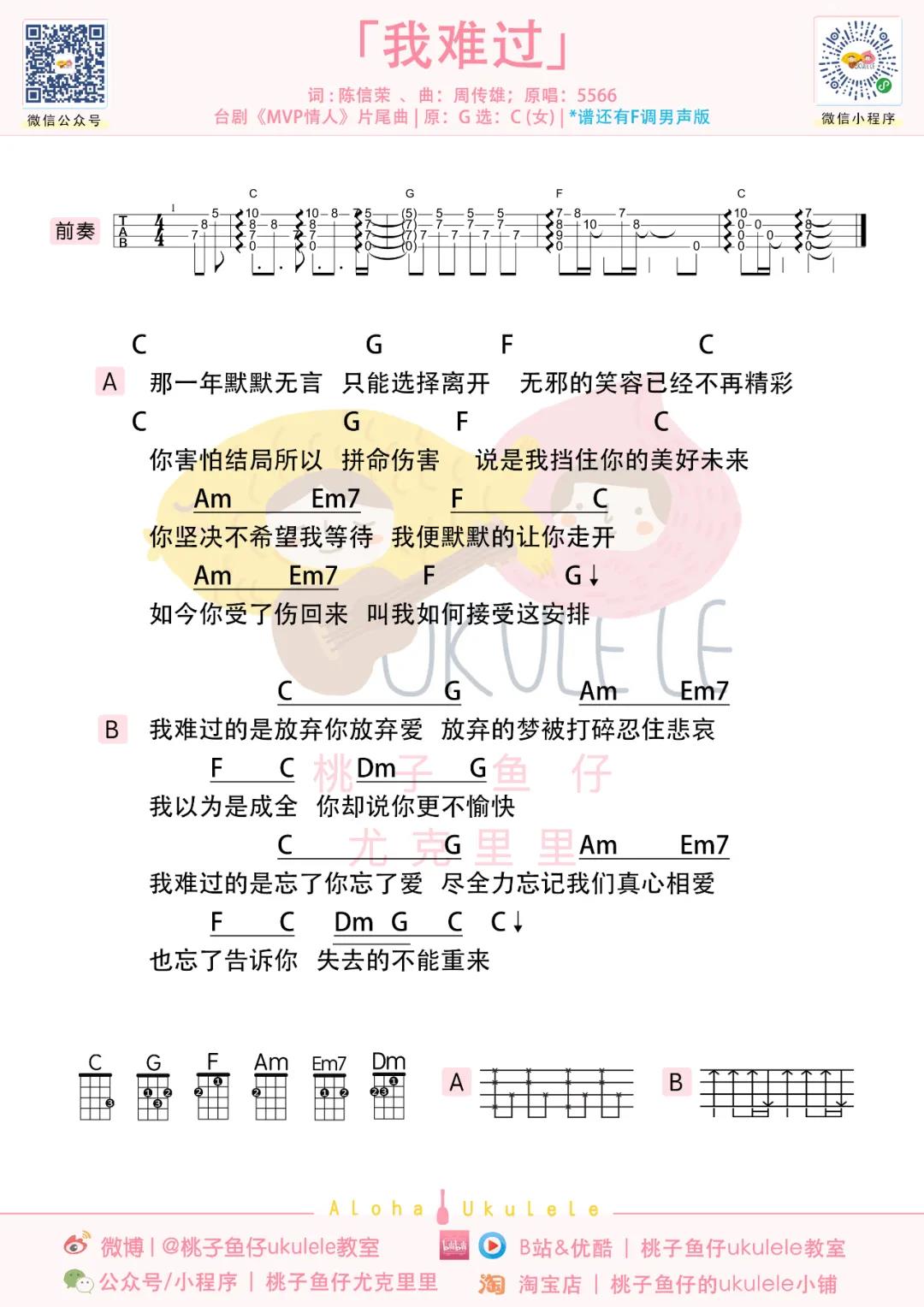 周传雄,颜人中《我难过》尤克里里谱-Ukulele Music Score