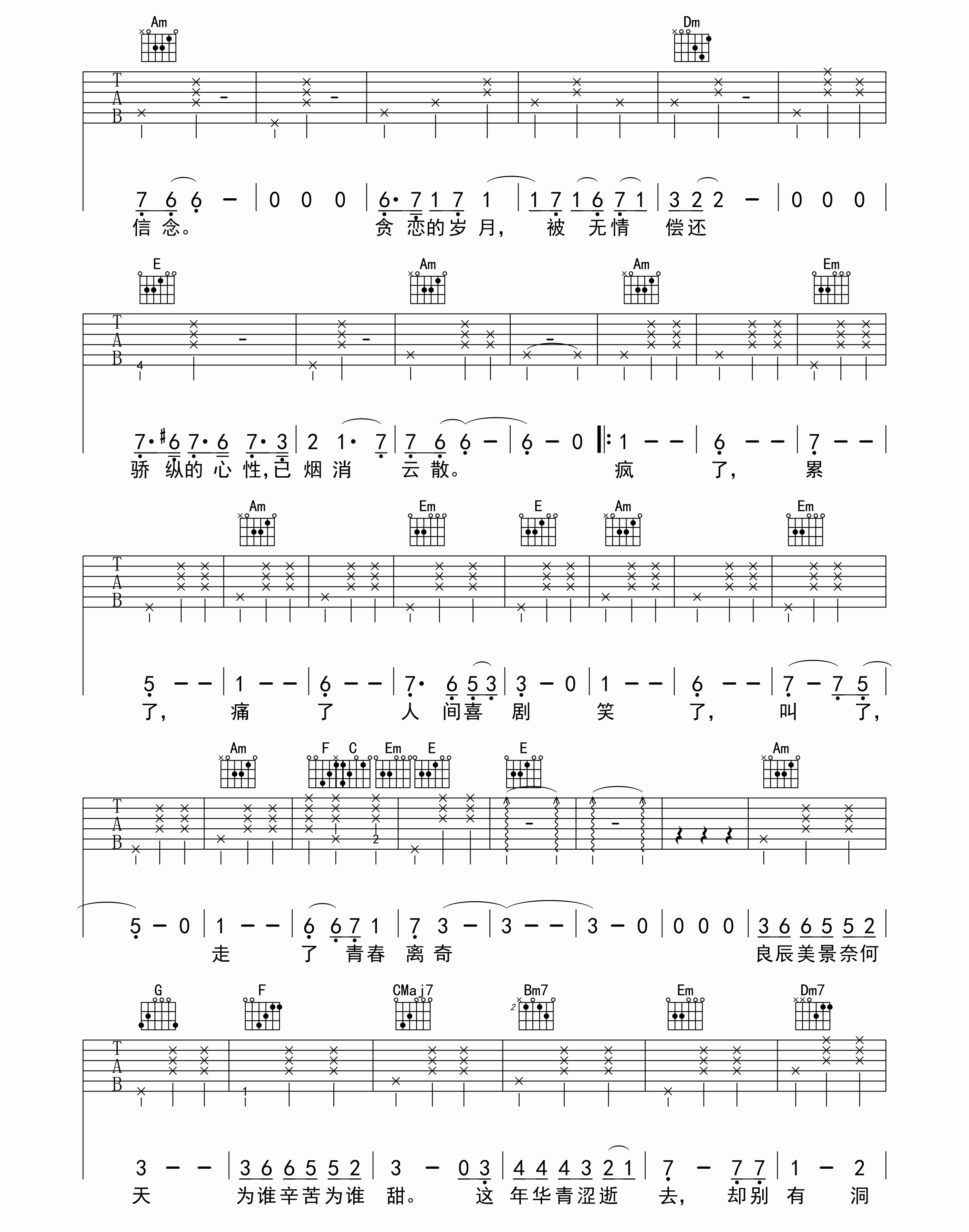 王菲《致青春》吉他谱-Guitar Music Score