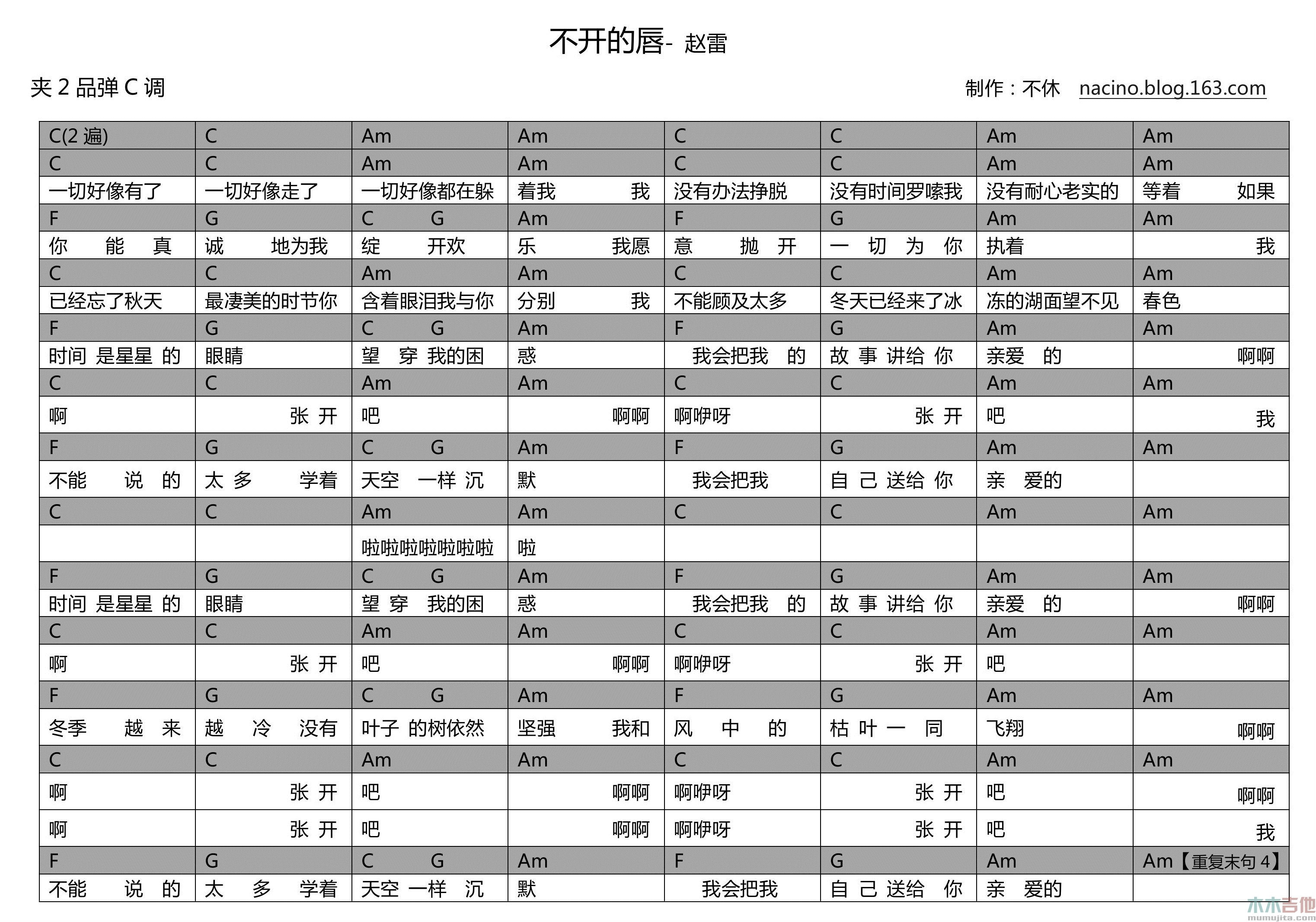 赵雷《不开的唇》吉他谱-Guitar Music Score