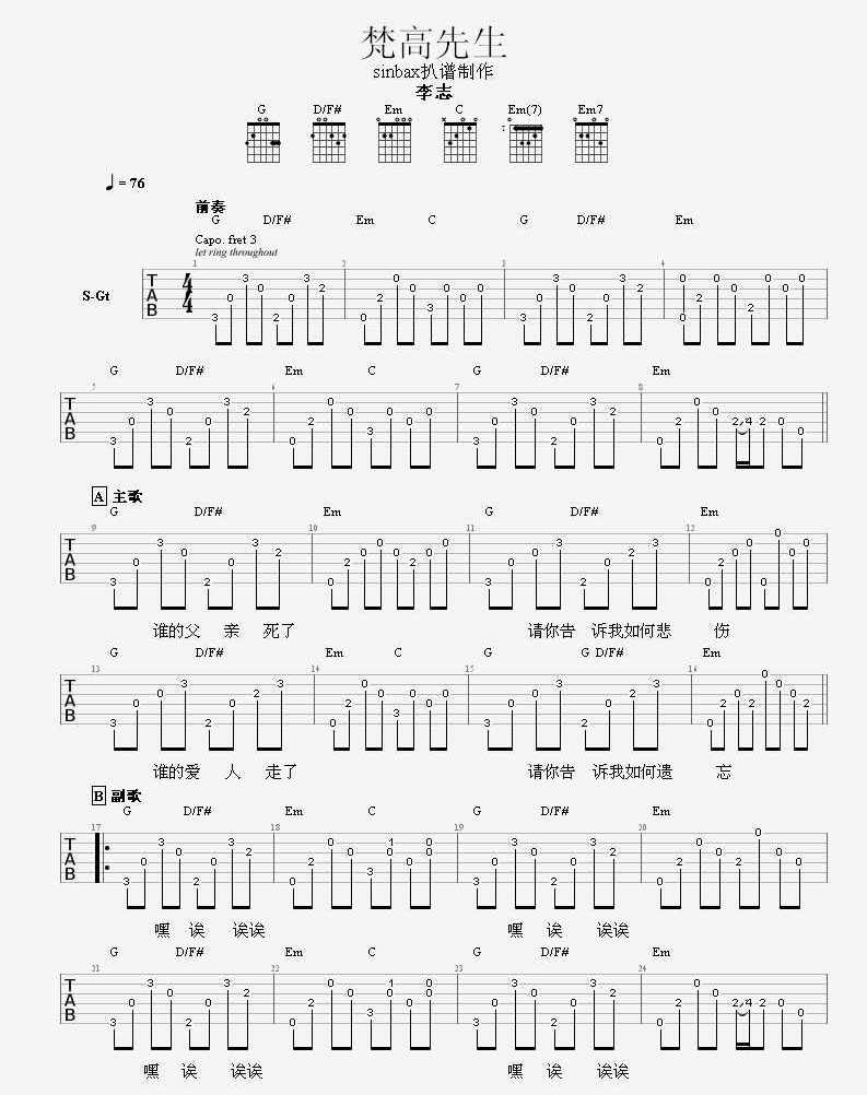 李志《梵高先生》吉他谱-Guitar Music Score