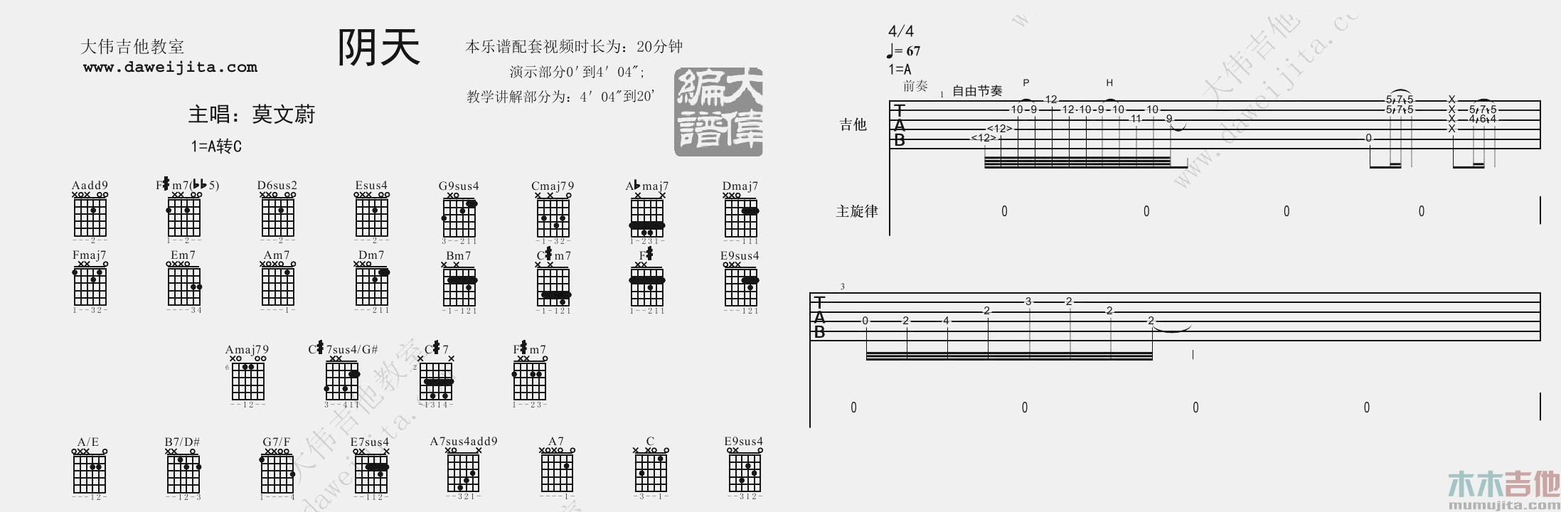 莫文蔚《阴天》吉他谱(A转C调)-Guitar Music Score