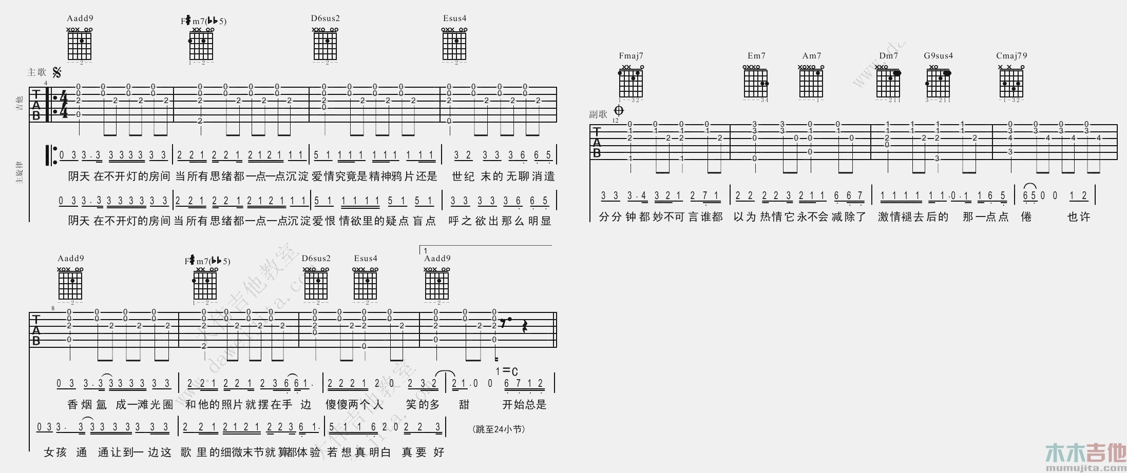 莫文蔚《阴天》吉他谱(A转C调)-Guitar Music Score