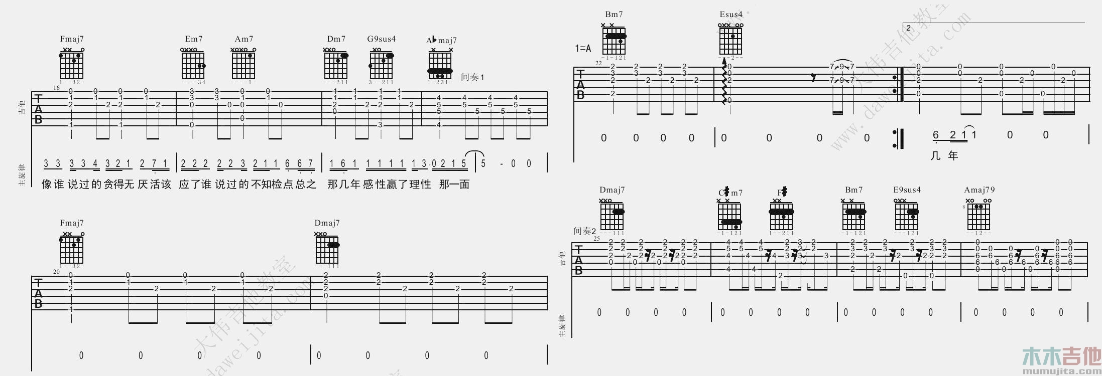 莫文蔚《阴天》吉他谱(A转C调)-Guitar Music Score