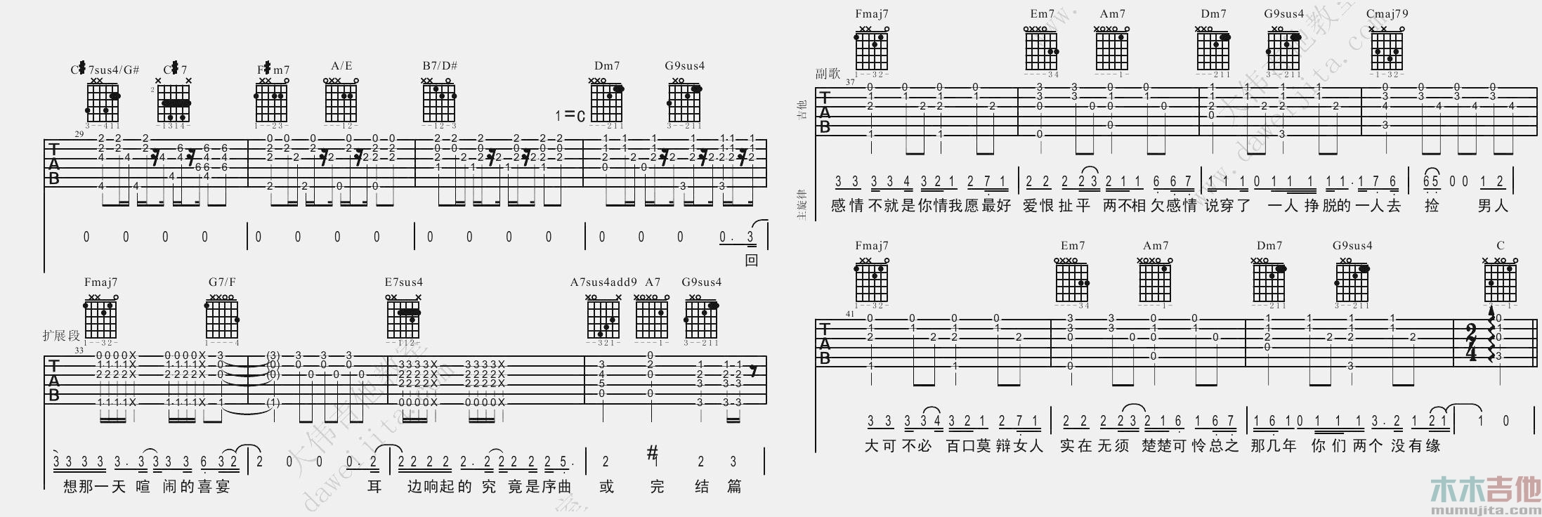 莫文蔚《阴天》吉他谱(A转C调)-Guitar Music Score