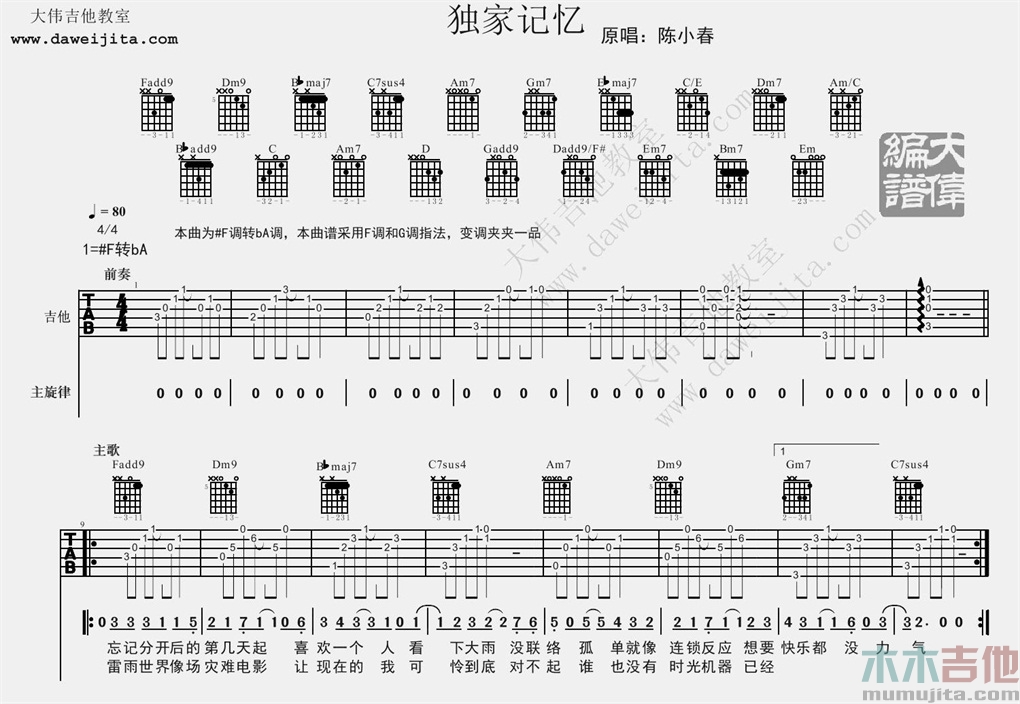 陈小春《独家记忆》吉他谱(升F转降A调)-Guitar Music Score