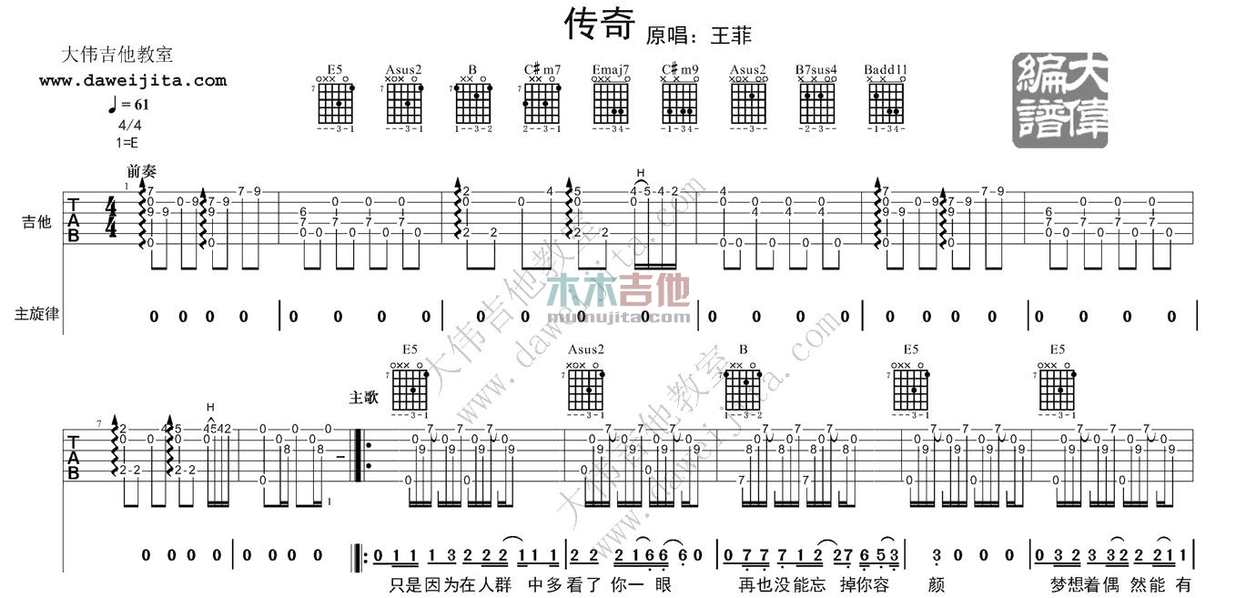 王菲《传奇 女声版 》吉他谱(E调)-Guitar Music Score