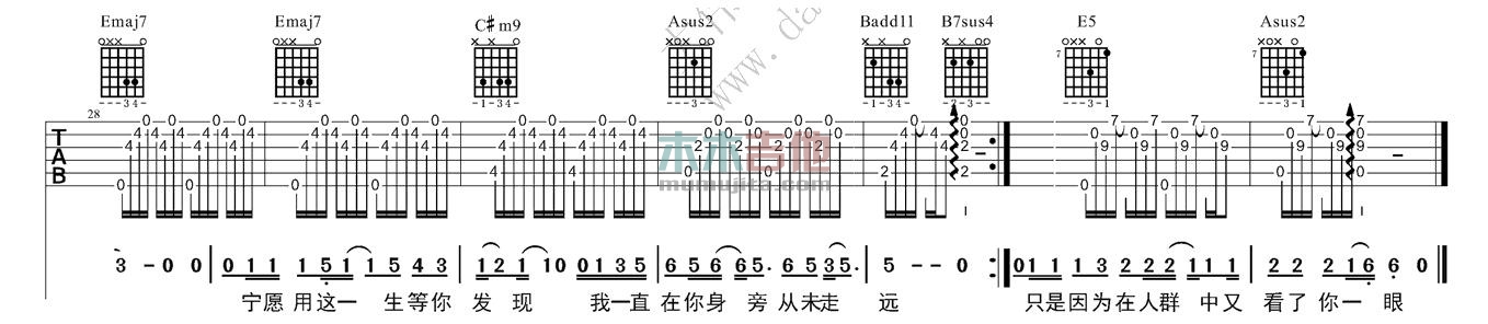 王菲《传奇 女声版 》吉他谱(E调)-Guitar Music Score