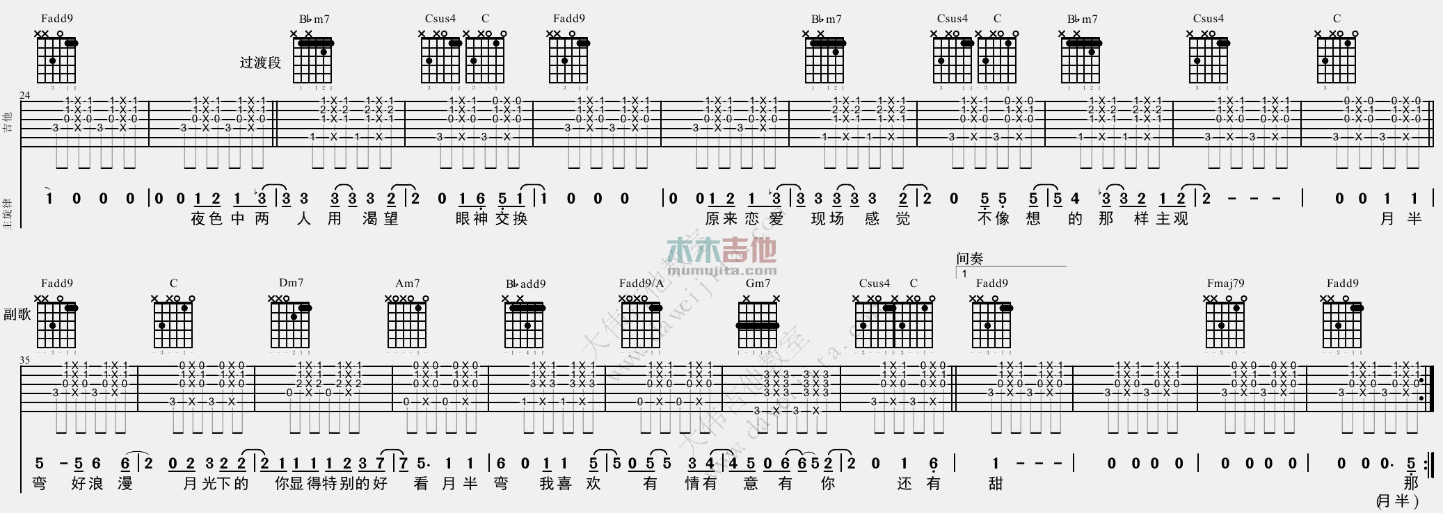 陈坤《月半弯》吉他谱(升F调)-Guitar Music Score