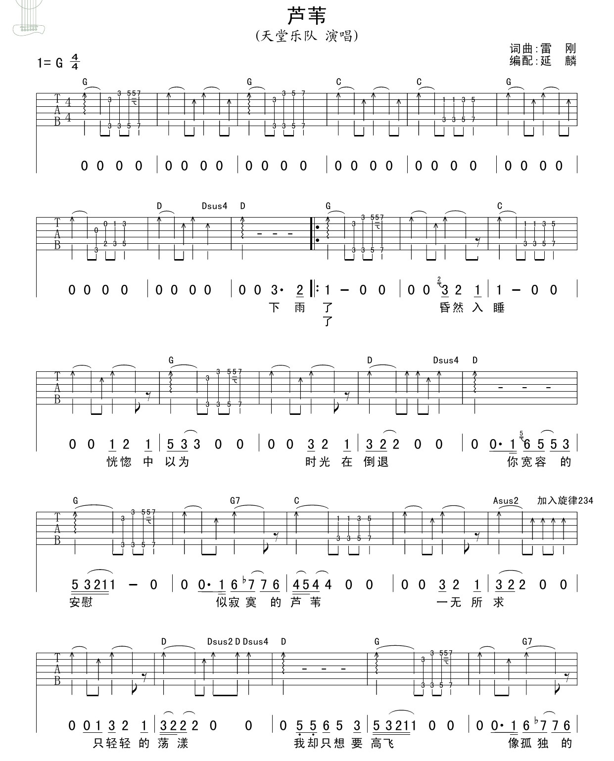 天堂乐队《芦苇》吉他谱-Guitar Music Score