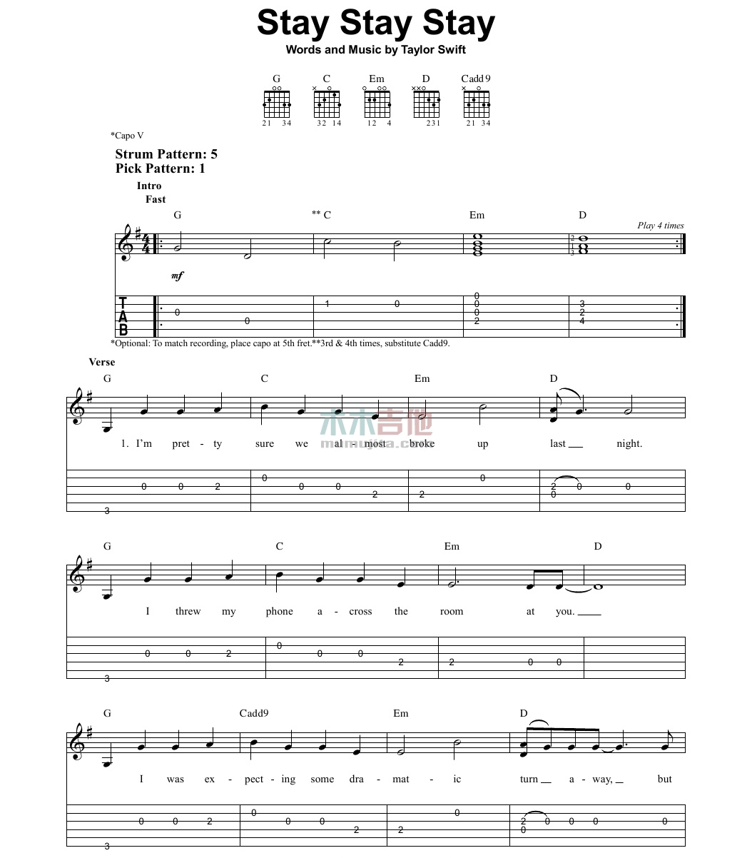Taylor,Swift《Stay Stay Stay》吉他谱-Guitar Music Score