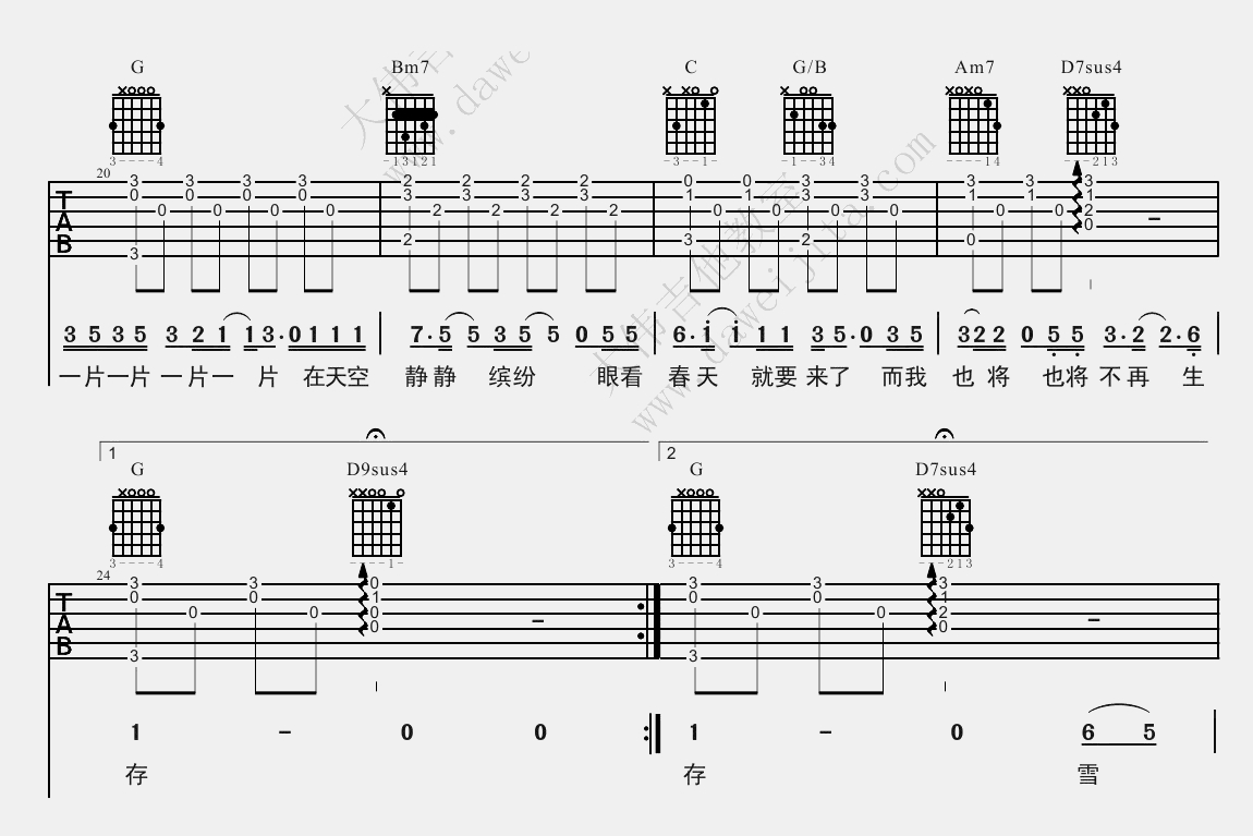 范晓萱《雪人》吉他谱(G调)-Guitar Music Score
