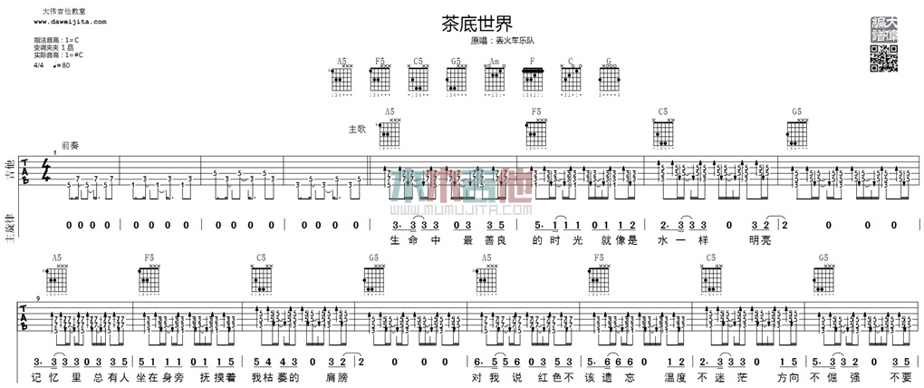 丢火车乐队《茶底世界》吉他谱(C调)-Guitar Music Score