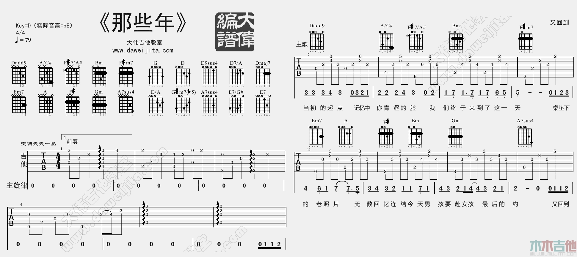 胡夏《那些年》吉他谱(D调)-Guitar Music Score