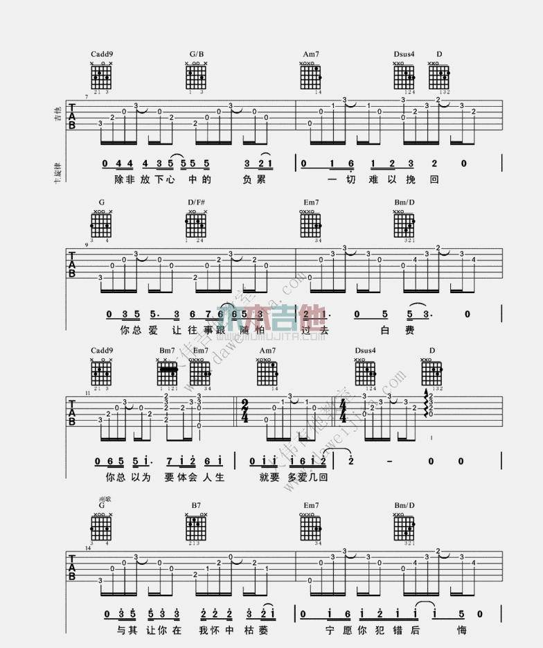 许美静《遗憾》吉他谱(B调)-Guitar Music Score