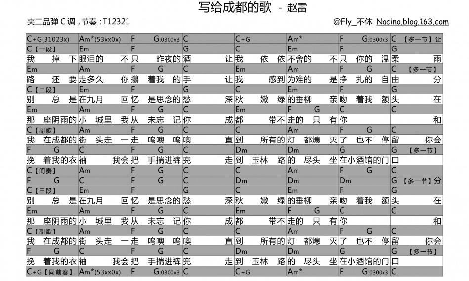 赵雷《写给成都的歌》吉他谱-Guitar Music Score