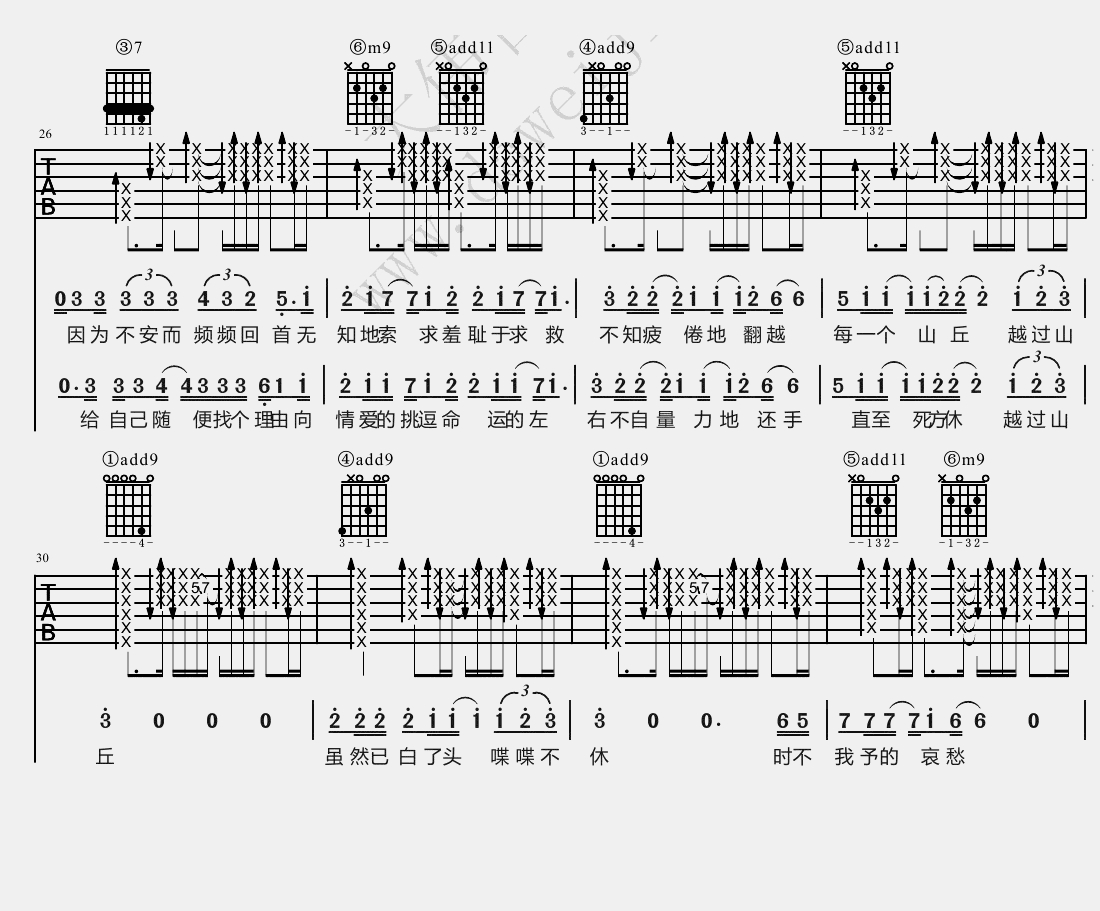 李宗盛《山丘》吉他谱(降E调)-Guitar Music Score