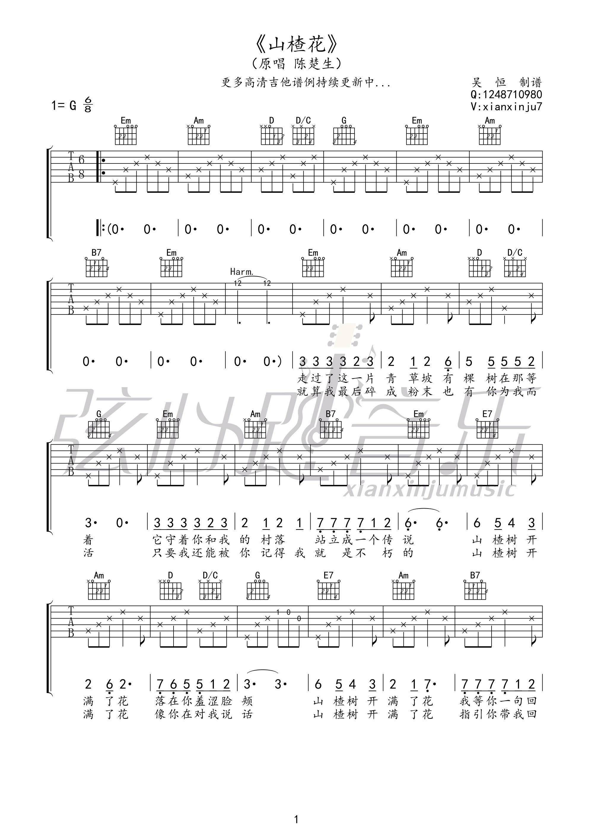 陈楚生《山楂花》吉他谱-Guitar Music Score