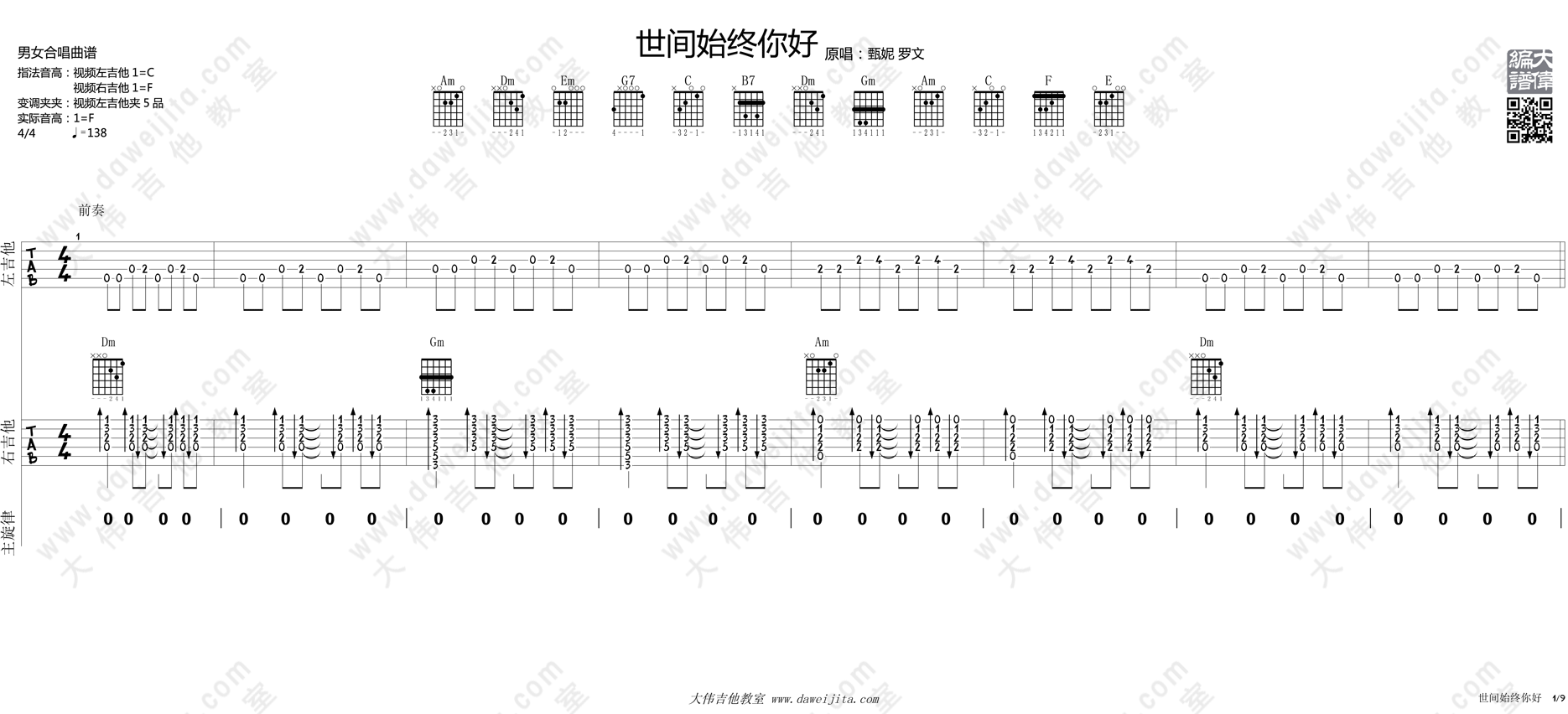 罗文,甄妮《世间始终你好》吉他谱(C调)-Guitar Music Score