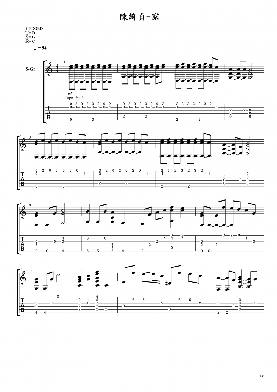陈绮贞《家 指弹 》吉他谱-Guitar Music Score