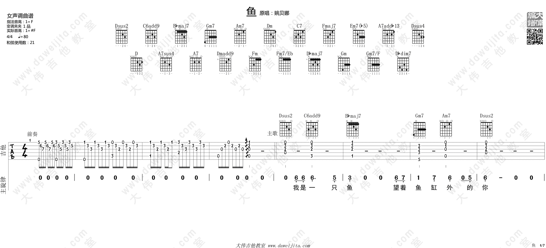 姚贝娜《鱼》吉他谱(f调-guitar music score