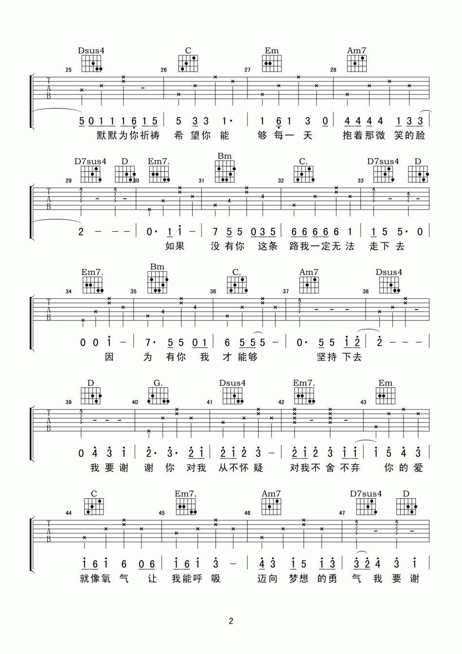 姚俊羽《谢谢你》吉他谱-Guitar Music Score