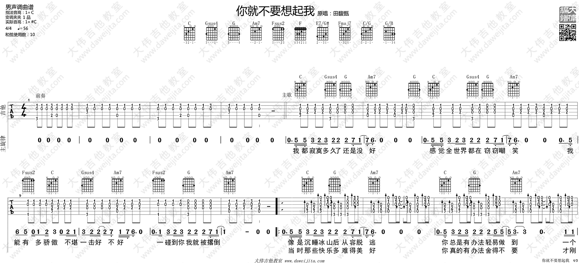 田馥甄《你就不要想起我》吉他谱(C调)-Guitar Music Score