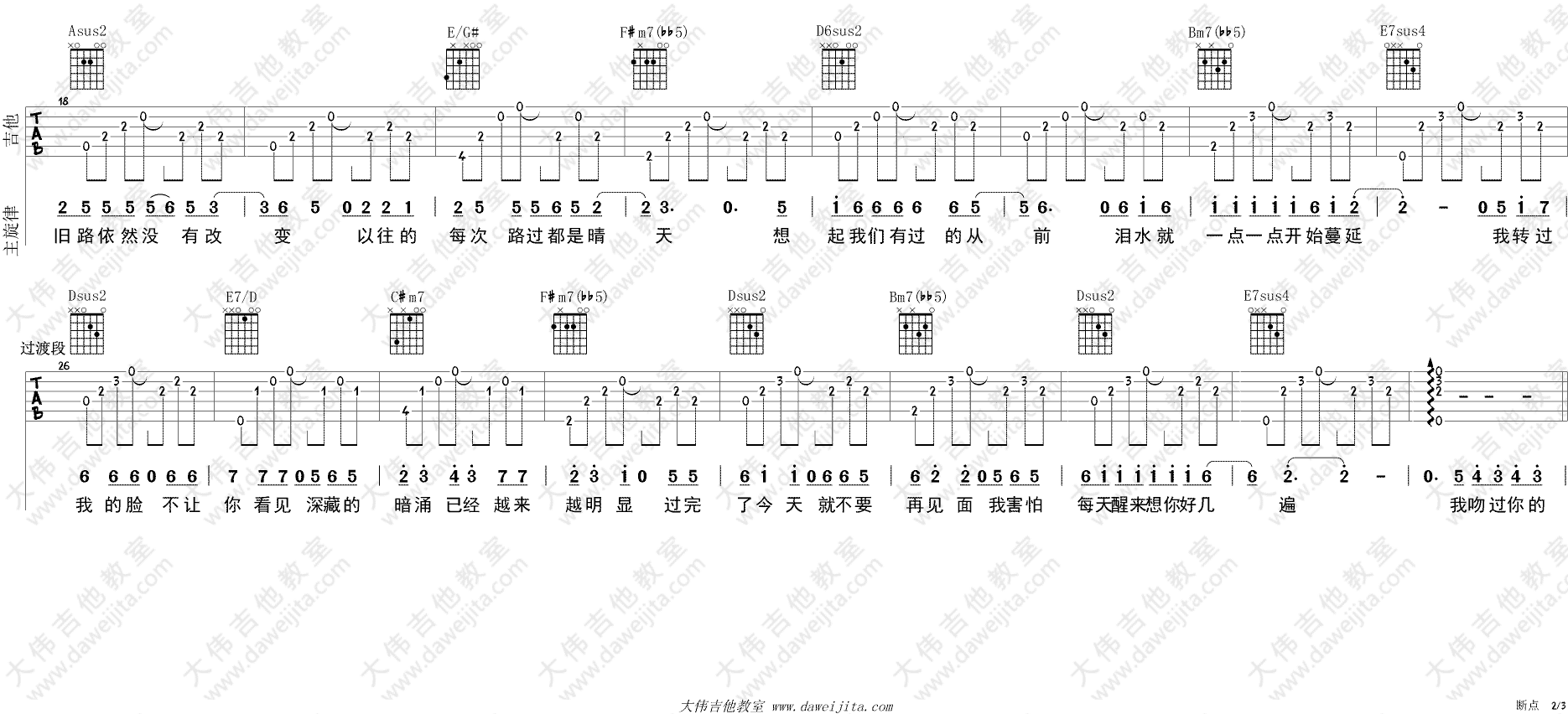 张敬轩《断点》吉他谱(A调)-Guitar Music Score