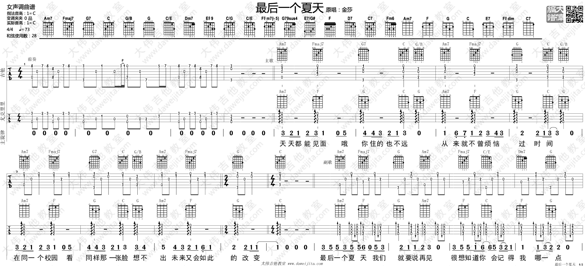 金莎《最后一个夏天》吉他谱(C调)-Guitar Music Score