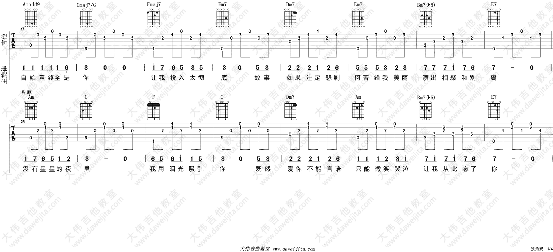 许茹芸《独角戏》吉他谱(C调)-Guitar Music Score