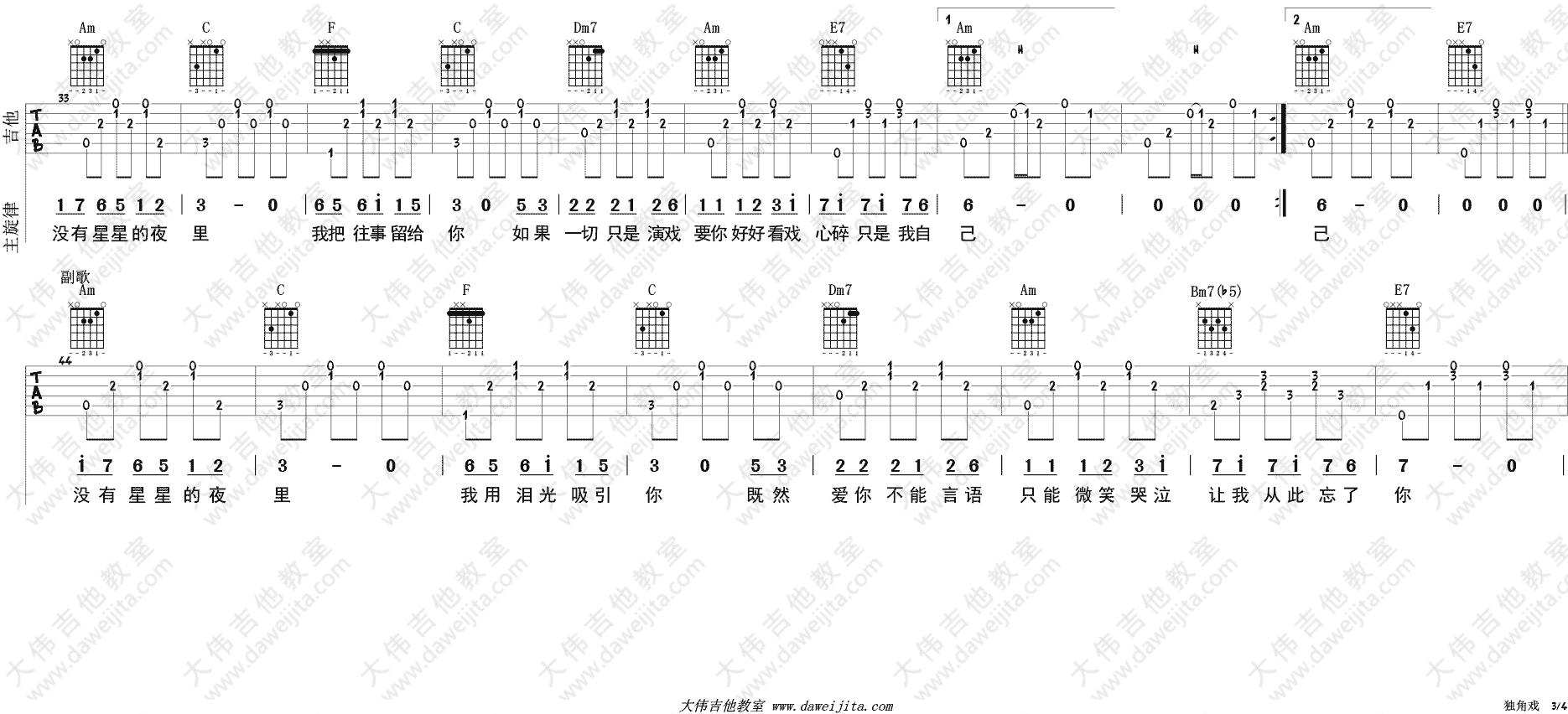 许茹芸《独角戏》吉他谱(C调)-Guitar Music Score