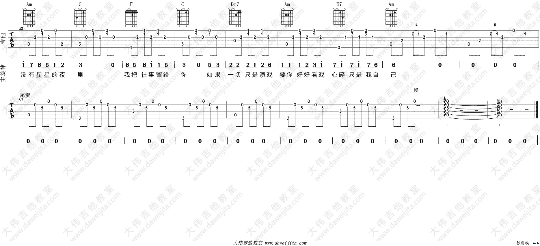 许茹芸《独角戏》吉他谱(C调)-Guitar Music Score